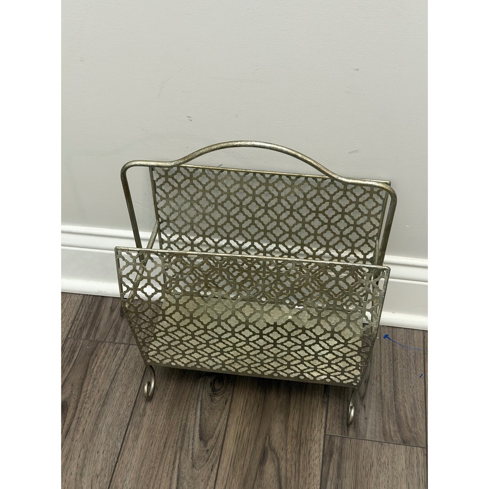 Vintage Gold Trellis Metal Magazine Rack Freestanding Floor Caddy with Handle